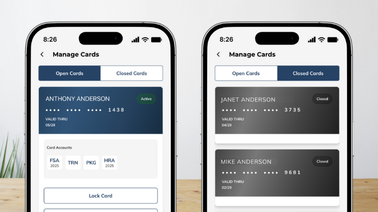 EBCentral Card Management Mobile screen showing the EBCentral app’s card management tools, including viewing card details, locking the card, and requesting a replacement.