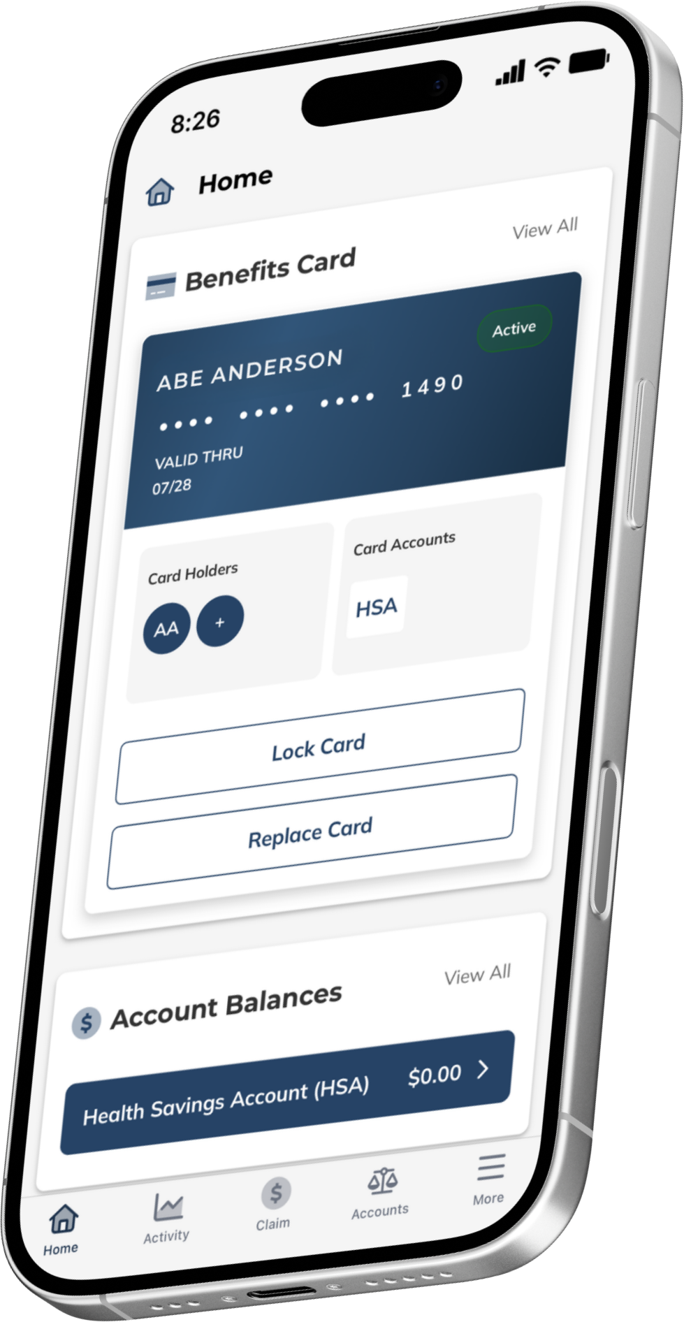 EBCentral Mobile Smartphone mockup displaying the EBCentral mobile app interface, highlighting easy access to benefits and account information.