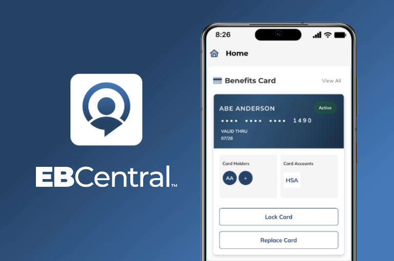 Smartphone displaying the EBC Mobile app, highlighting easy access to benefits management with EBC mobile app communication toolkits.