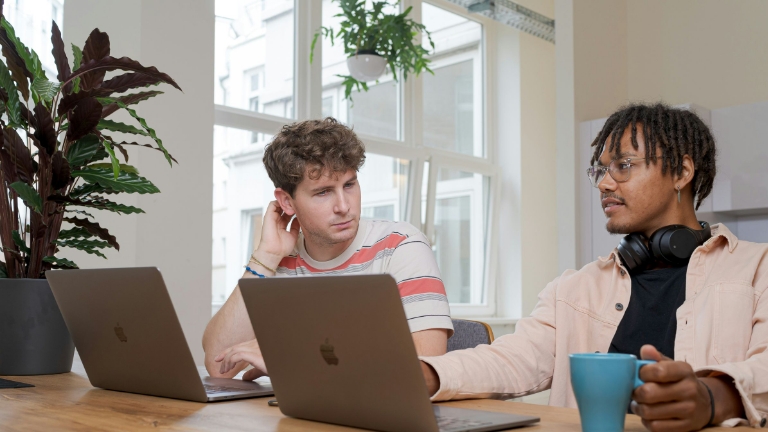 Coworkers reviewing information about FSA compliance support on laptops in bright workspace.