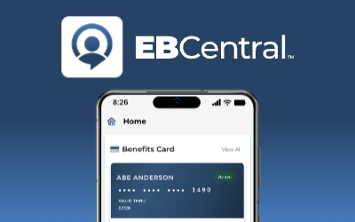 EBCentral app logo next to a smartphone displaying the EBCentral dashboard with benefits card details and card management options.